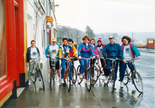 Sponsored cycling round Cumbrae is a very popular way to raise money for good causes. Here we see the Benefits Agency in 1991.
