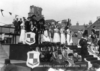 Netta Duff, Queen of the Sea 1928, crowning. Miss Netta Duff being crowned by the wife of Provost William D Kerr. The Queen of the Sea pageant was inaugurated by the Town Council as part of the celebrations to mark the Quater Centenary (1528-1928) of the forming of Saltcoats into a Burgh of Barony.